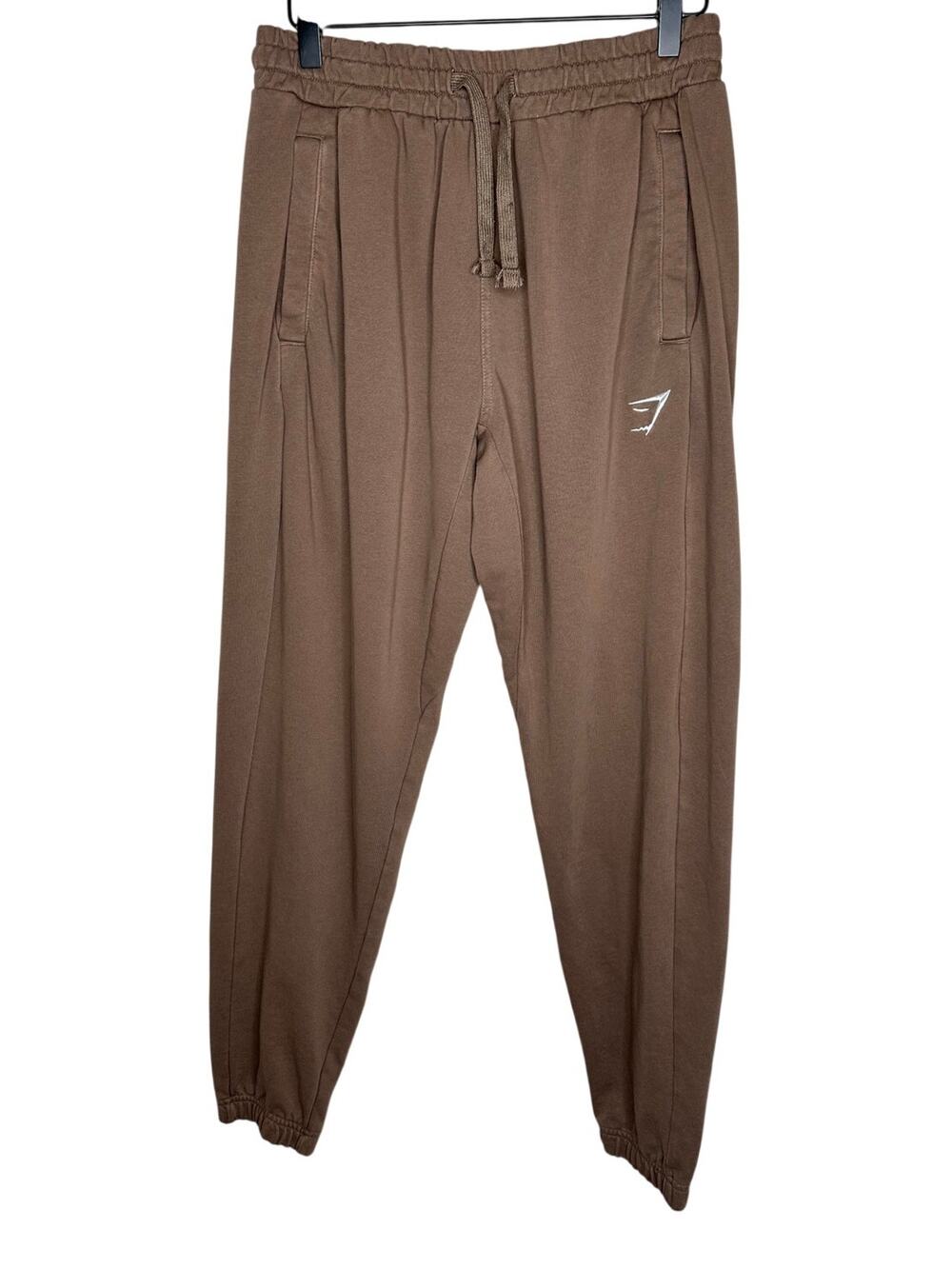 Gymshark Pants Mens M Brown Joggers Soft Brushed Knit Fleece White Logo Sweat